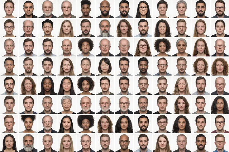 Ninety-six portraits in a grid: a cross-section of people in a target segment.